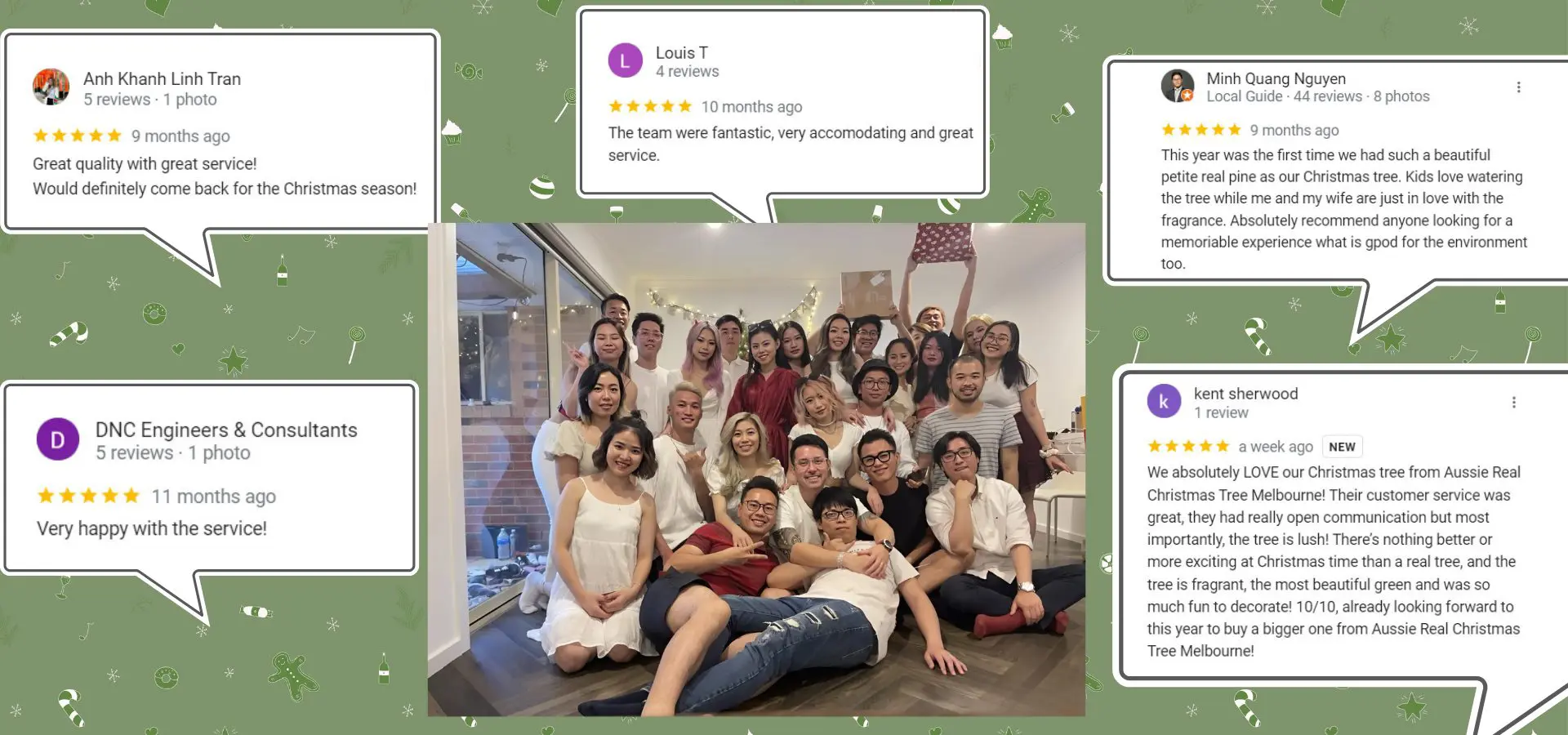 a group of people with Google review for Real christmas tree
