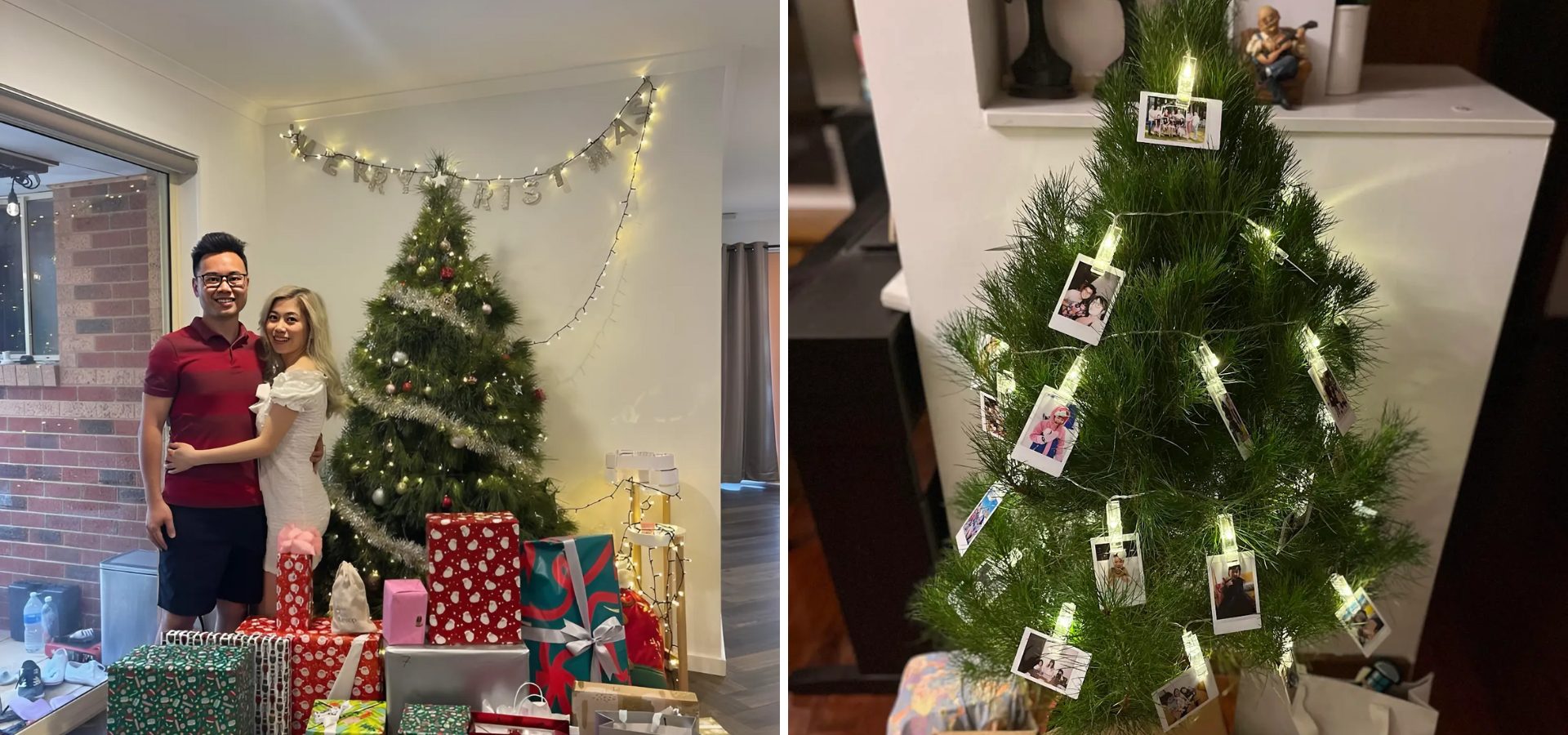 a christmas tree with presents and pictures on it