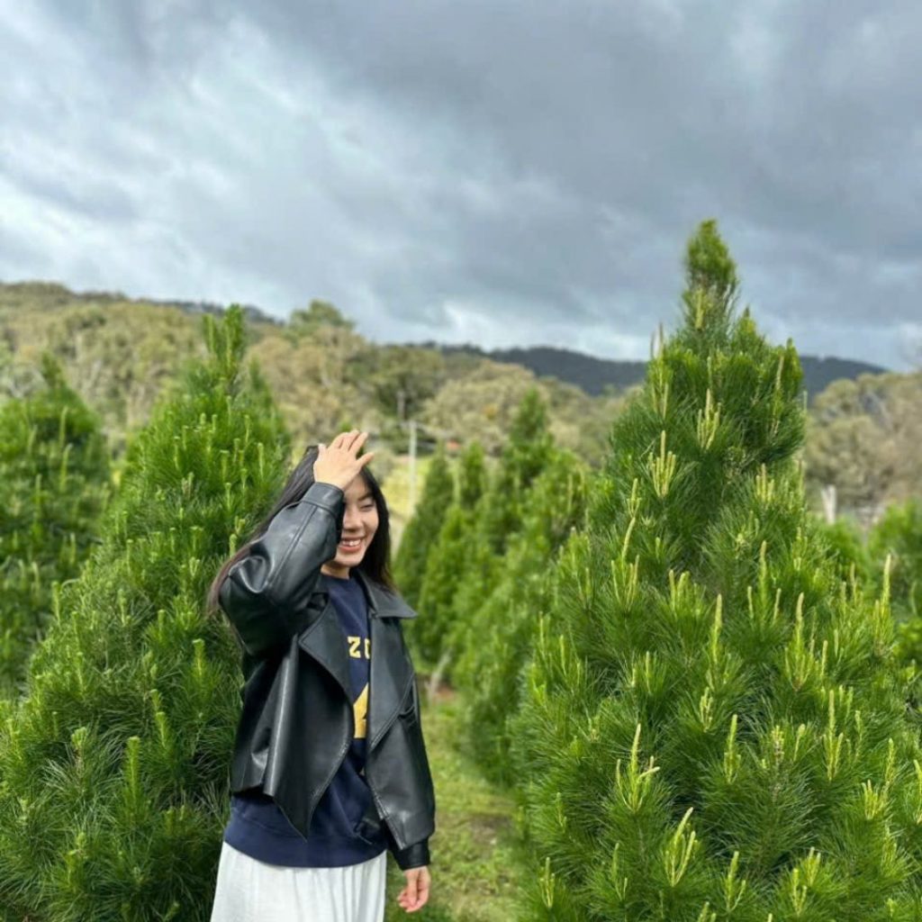 a woman in a black jacket in a real christmas tree farm